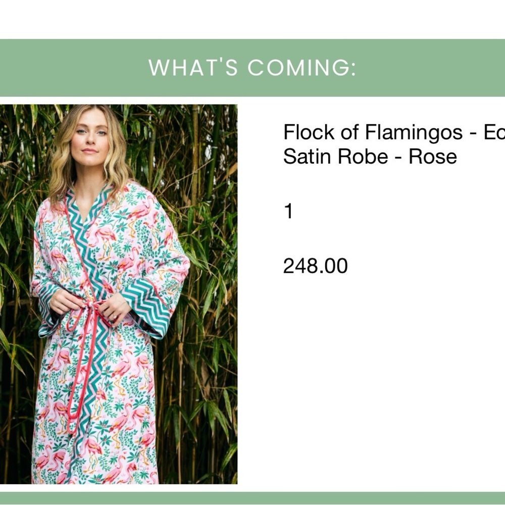 Printfresh Flamingo-Print Satin Robe in Rose with Teal Trim